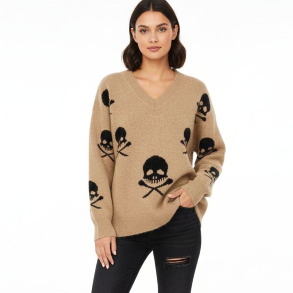 Miss Sparkling Skull Graphic V-Neck Sweater Womens Small Black Y2K Grunge Cyber